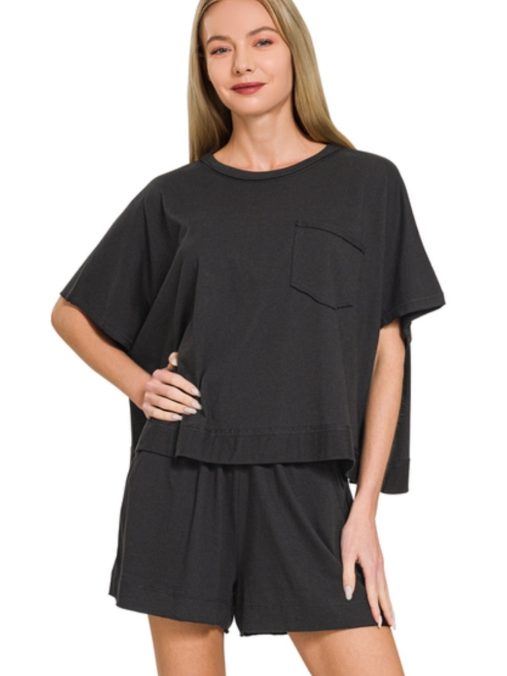 NEW Zenana Black Exposed Seam Boxy Top & Shorts Set – Small